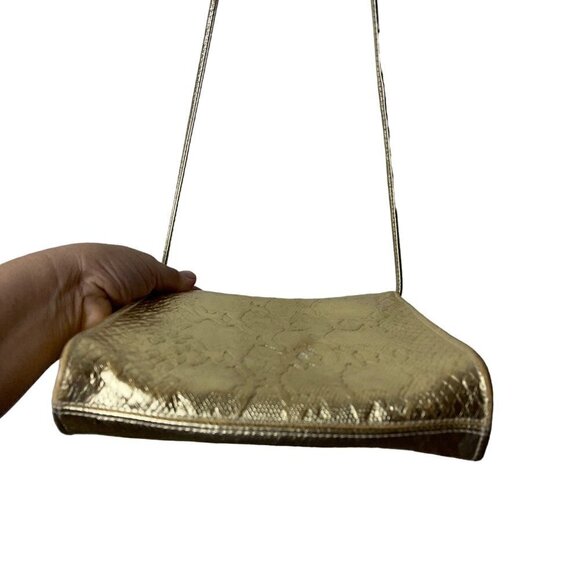 Vintage Womens Crossbody Shoulder Bag One Size Gold Snake Embossed Leather Snap - Picture 5 of 10